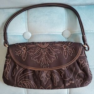 Talbots Vintage Black Floral Embroidered Shoulder Bag With Beaded Accents